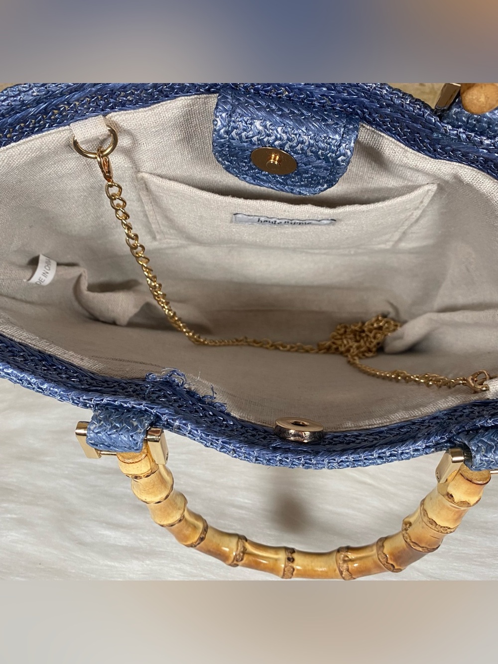 Haute Hippie Blue Straw Tote with Multicolor Floral Appliqués and Bamboo Handles - Picture 8 of 11